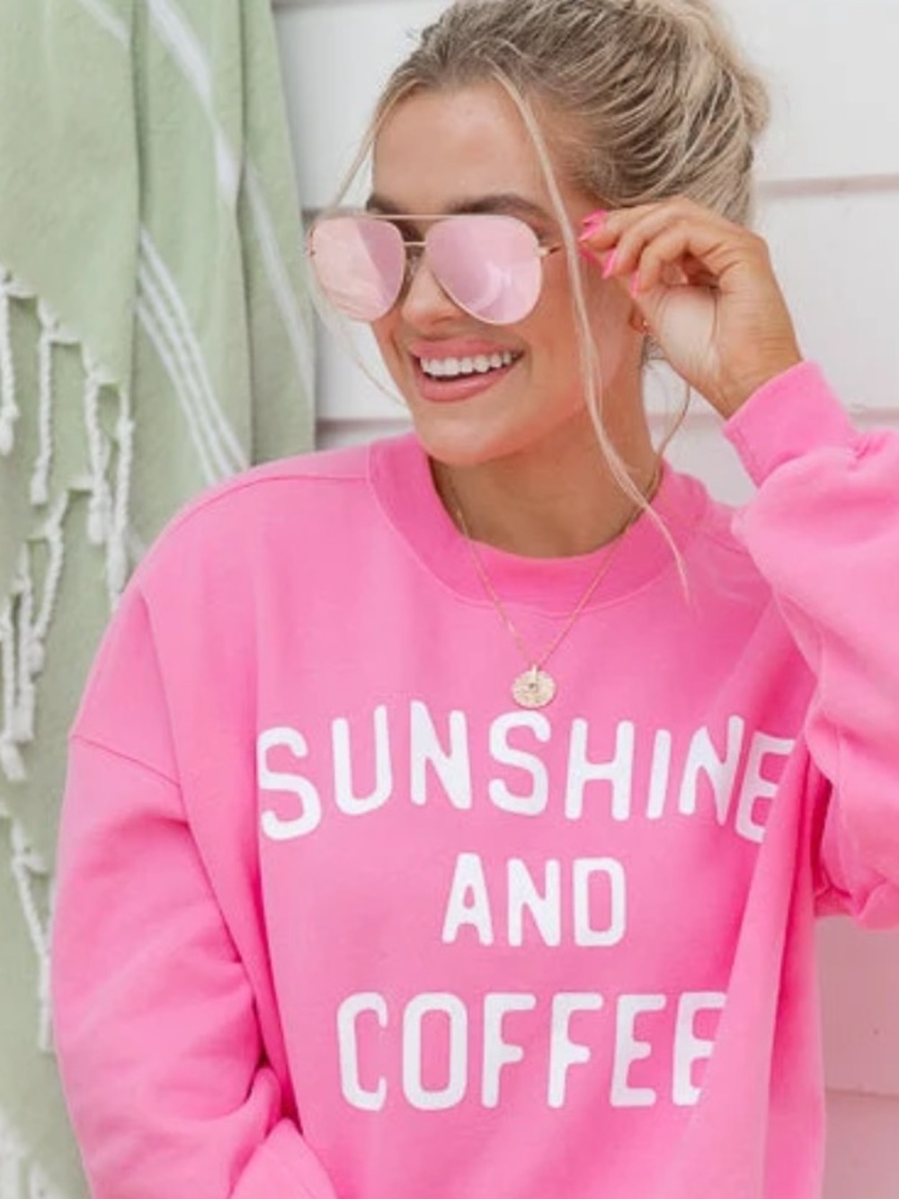 Pink Lily Bright Pink 'Sunshine and Coffee' Crewneck Sweatshirt
